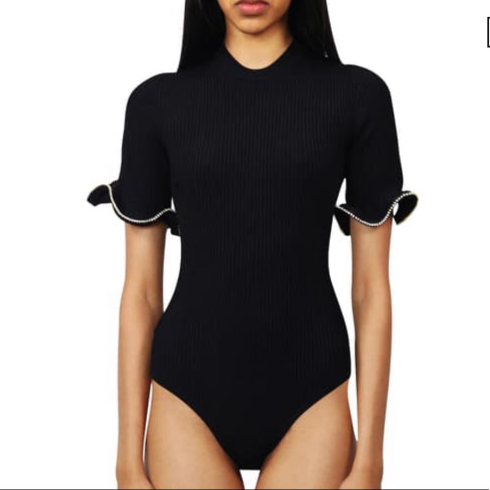 NWT Area Crystal Embellish Wavy Cuff Rib Bodysuit - Picture 8 of 13